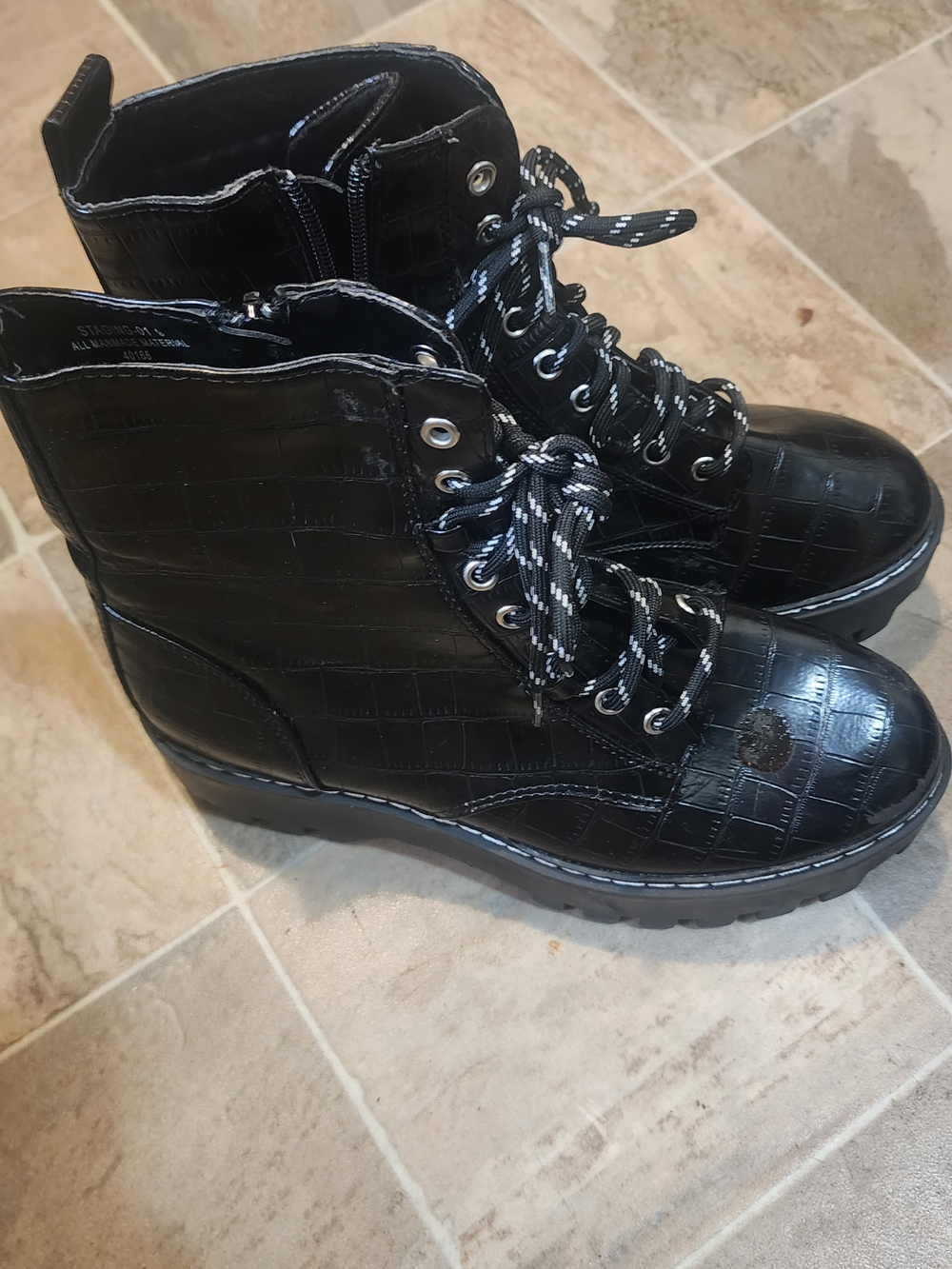 BAMBOO Black Croc-Embossed Lace-Up Combat Boots